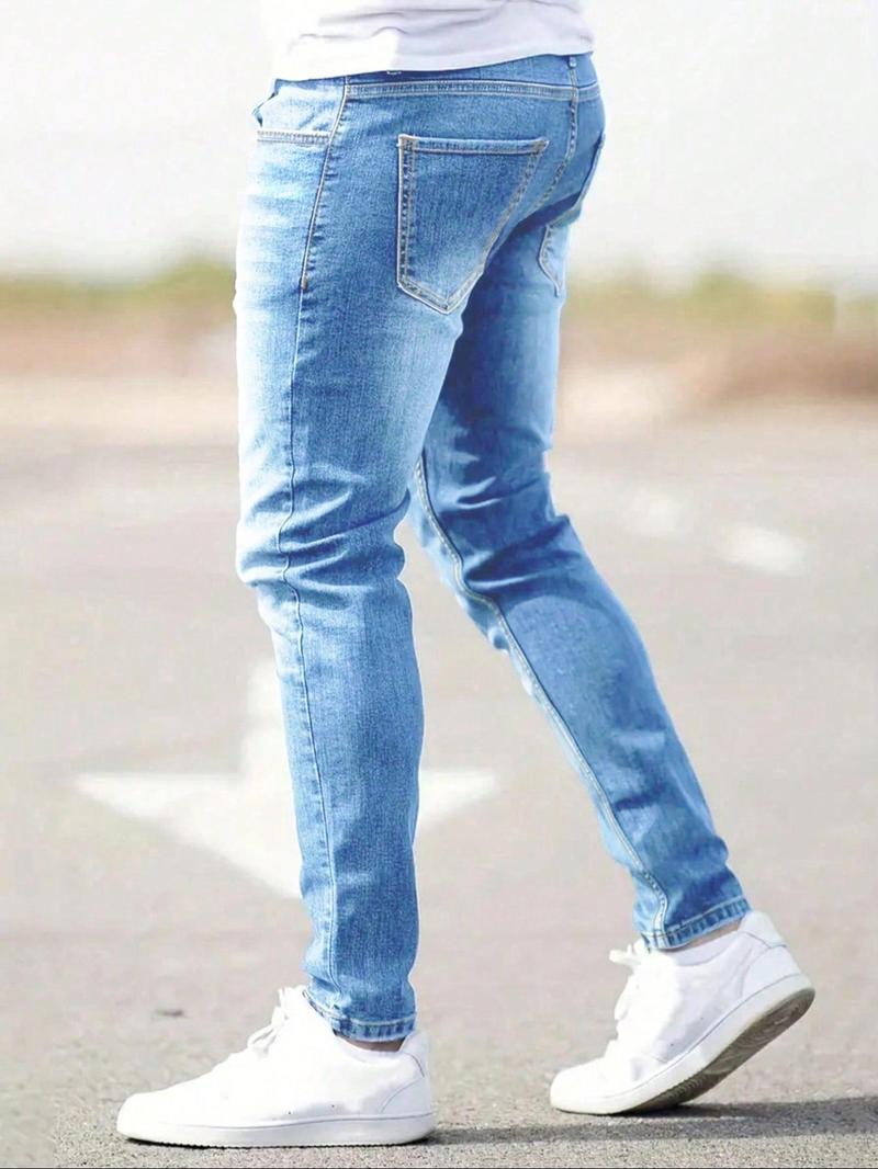 Big & Tall Men's Street-Style Light Blue Ripped Slim-Fit Jeans. Classic fit combined with simple street-style rips, offering casual yet fashionable vibes, perfect for men's daily wear and casual outings.