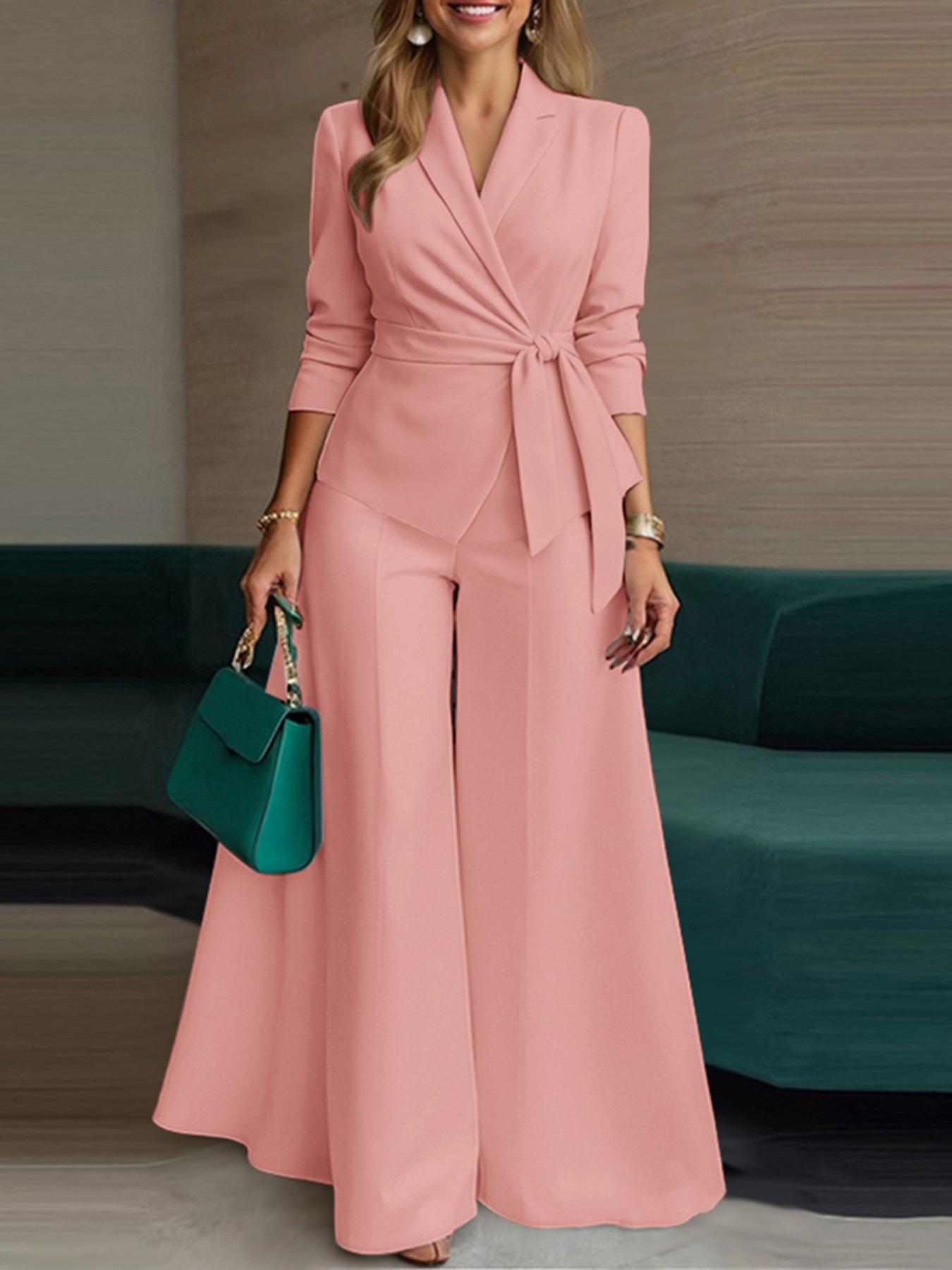 Women's Business Casual Blazer Set, Solid Color Tie Design, Perfect for Office & Daily Wear, Fashionable Women's Clothing