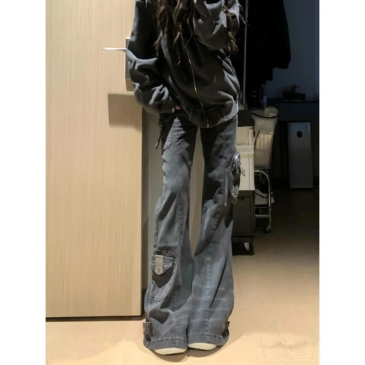 Women's Flare Cargo Jeans Harajuku Japanese Low Rise Denim Pants Abi Y2k Bell Bottom American Retro High Street Dark Academia
