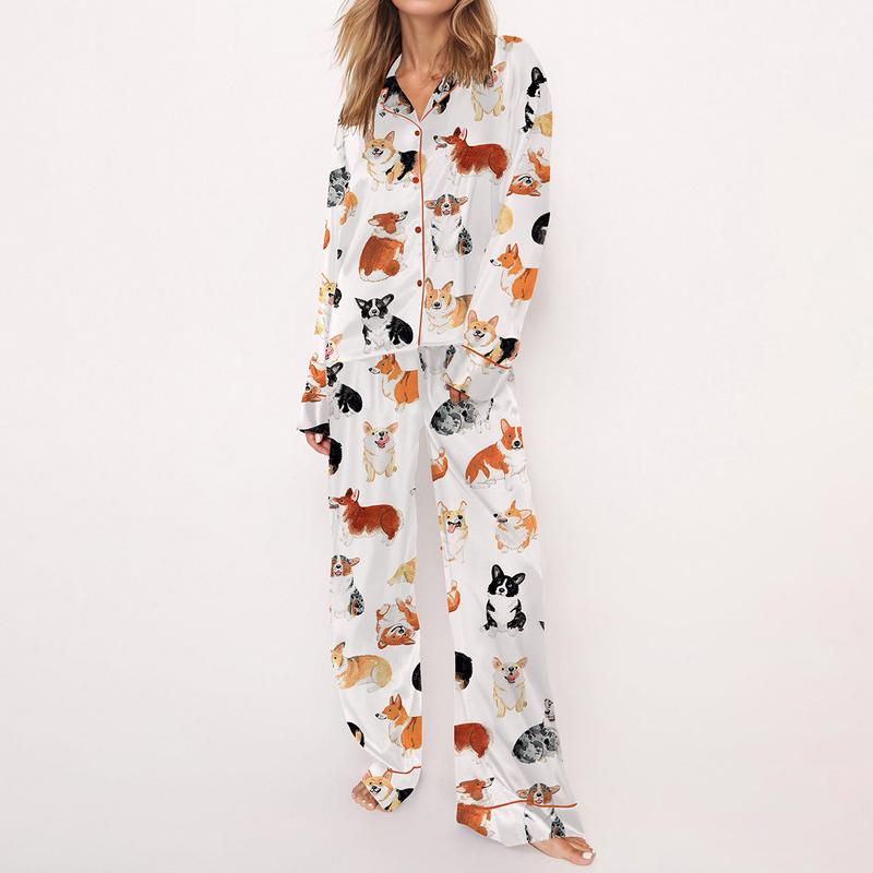 Puppies and Kitties Animals Pajama Set For Women Print Comfy Satin Sleepwear & Loungewear Pjs Printing Silky Short Sleeve Top & Shorts - SHESHOW