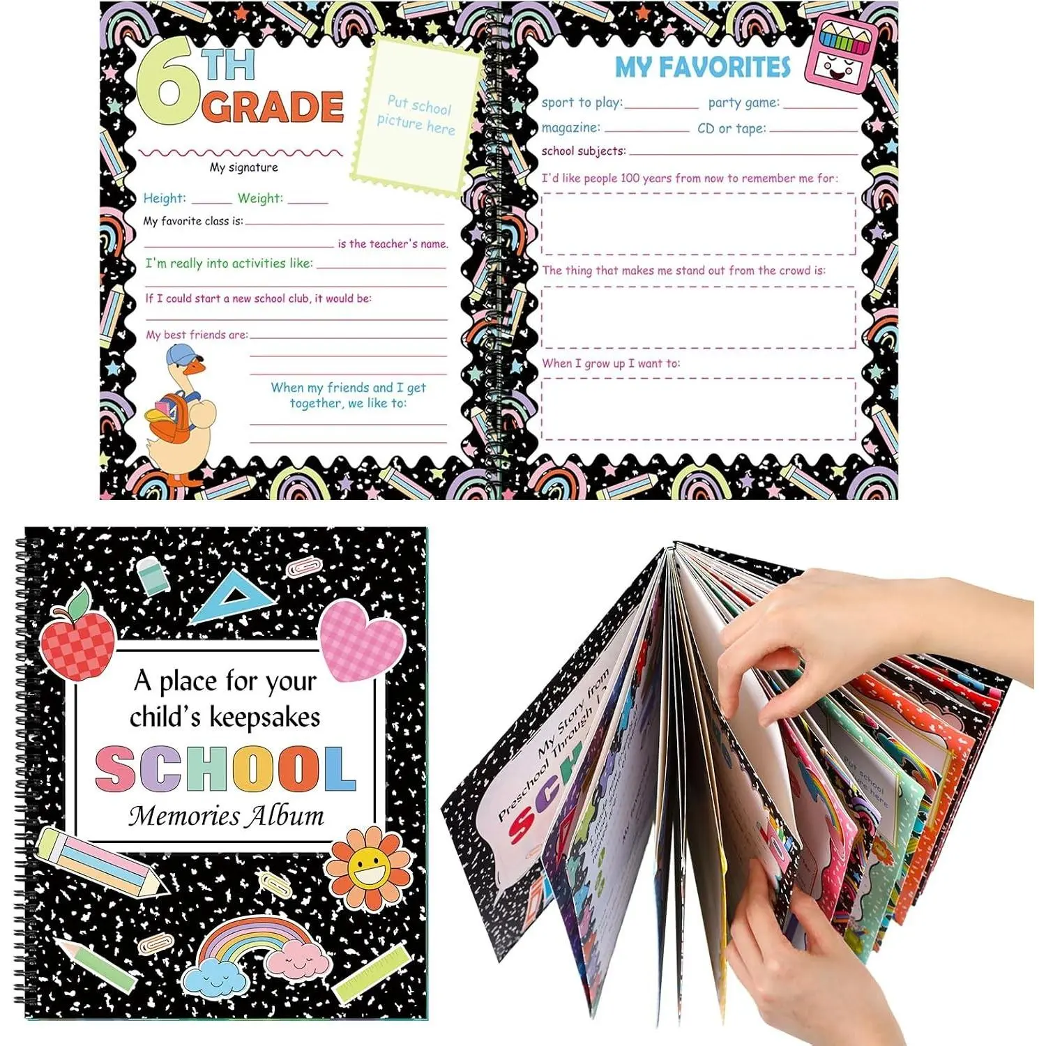 School Memory Book Photo Album for Kids, School Years Keepsake Book Album Scrapbook from Preschool Through 12th Grade with 14 Pocket for Storage Portfolio Pictures(Composition Notebook)