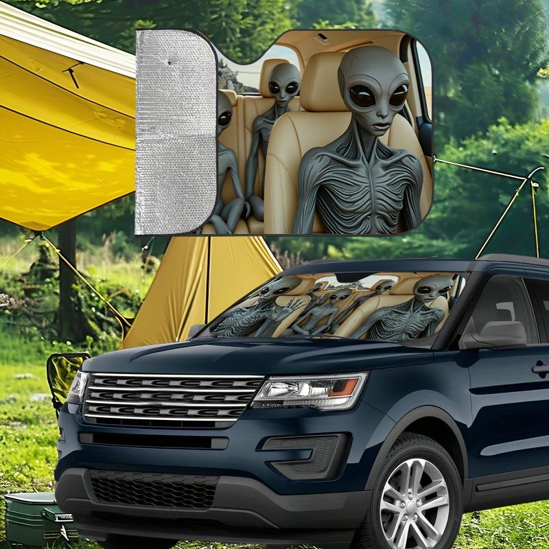 Funny Alien Crew Car Windshield Sunshade with 2 Suction Cups, Universal Fit Front Window Sun Shade, Blocks UV Rays & Keeps Car Cool, Novelty Auto Sun Protector