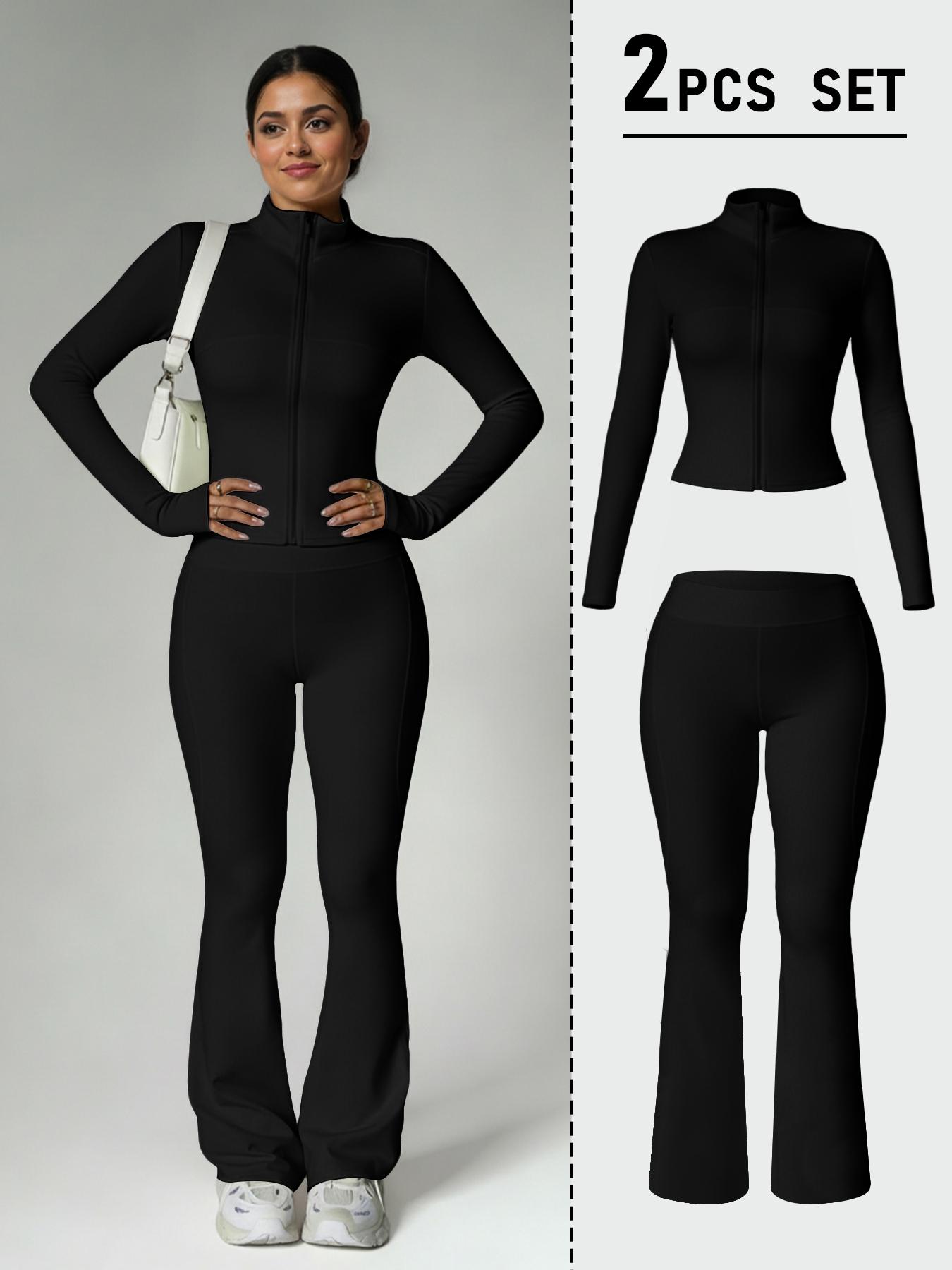 Women's Fashion Two-Piece Set, Slim Fit Long Sleeve Thumb Hole Cuffs, Zipper Front Jacket Style, High Waist Flared Pants, Fall & Winter Casual Wear
