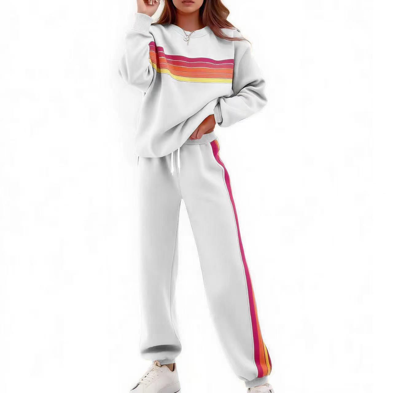 Women's 2-Piece Casual Street Chic Set - Long Sleeve Round Neck Sweater, Color Bar Loose Elastic Waist Pants, 2 Piece Pants Set Women, Loose-Fit