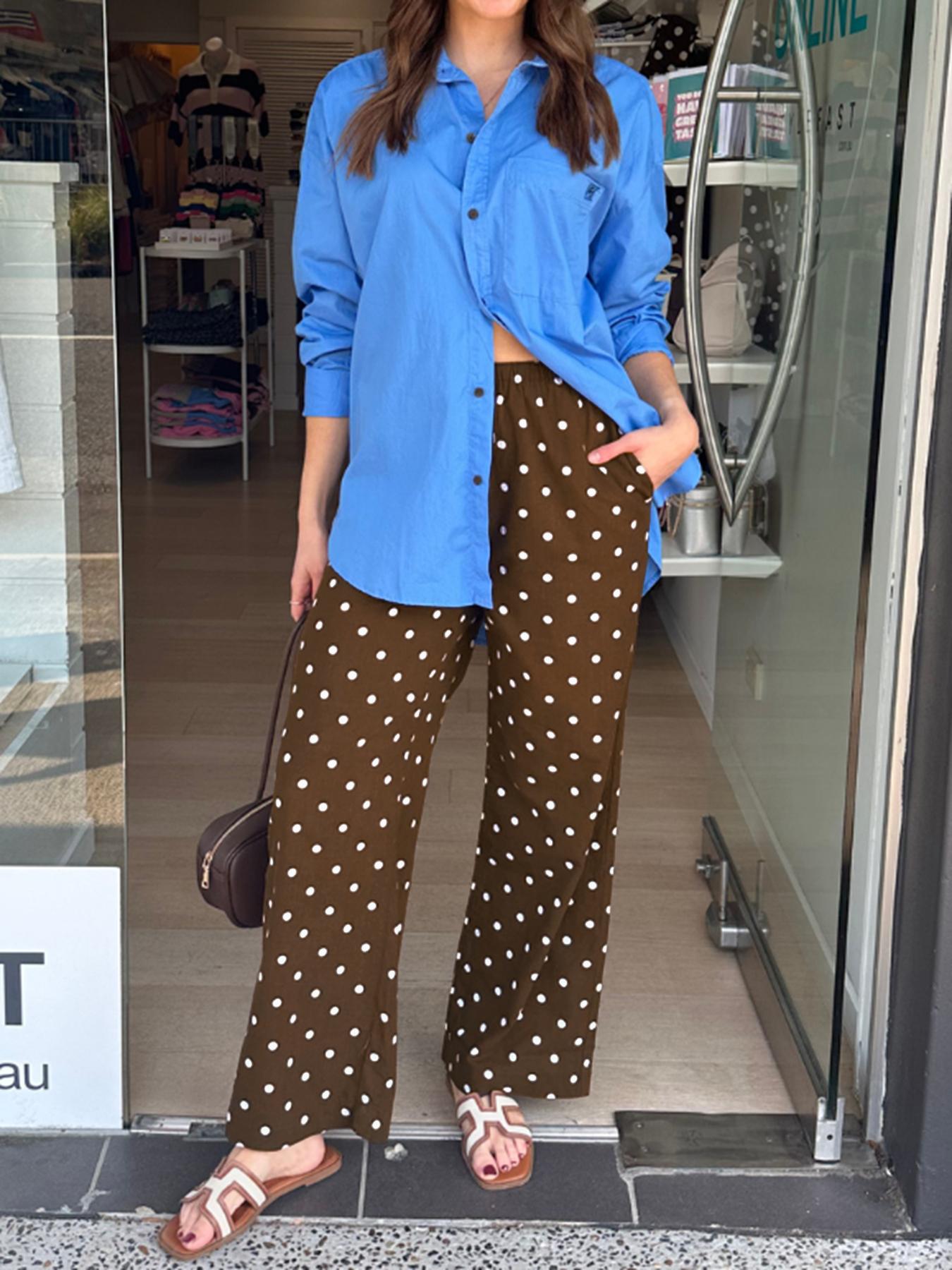 Women's Satin Polka Dot Wide Leg Pants, Casual Lounge Pants, Casual Loose Fit Drawstring Waist, Beach Travel Vacation Straight Leg Pockets, Casual Bohemian Trousers