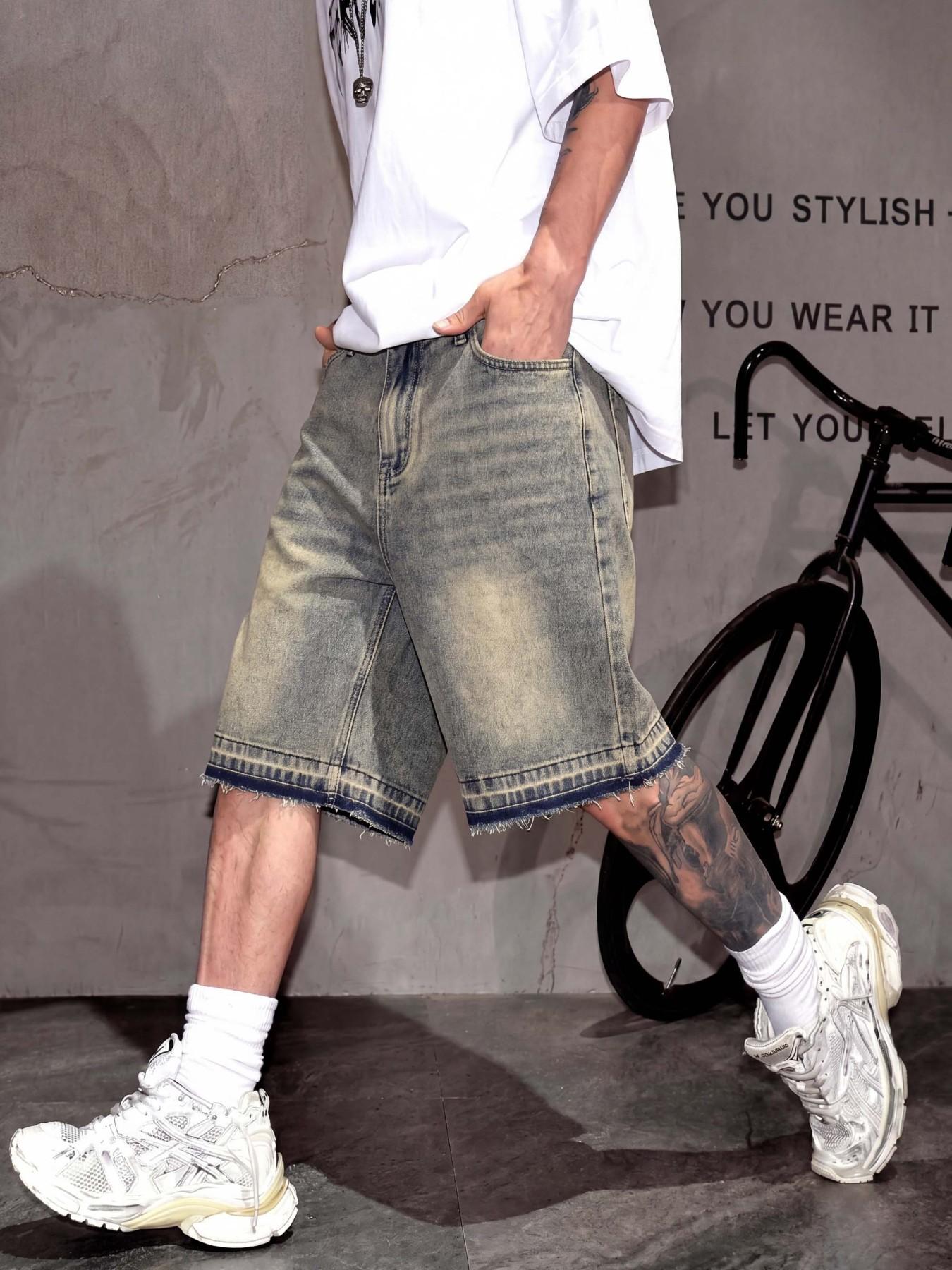 Men's Retro Washed Distressed Denim Jean Shorts, Casual Straight Fit, Vintage Distressed Bleached Design with Frayed Hem, Y2K American Streetwear Denim Shorts