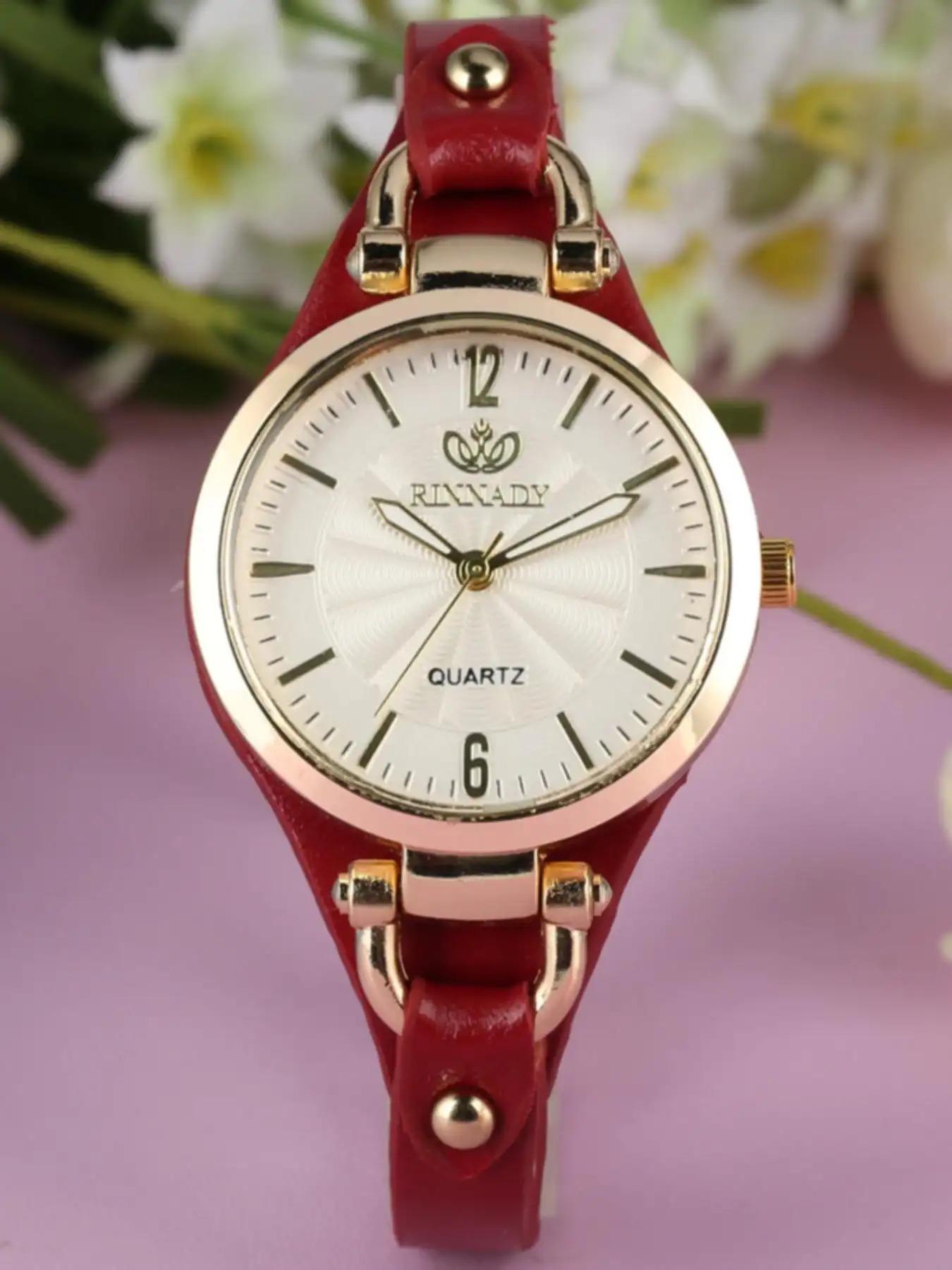 1-piece set of women's fashionable Pu leather strap quartz watch, casual simple round dial buckle watch