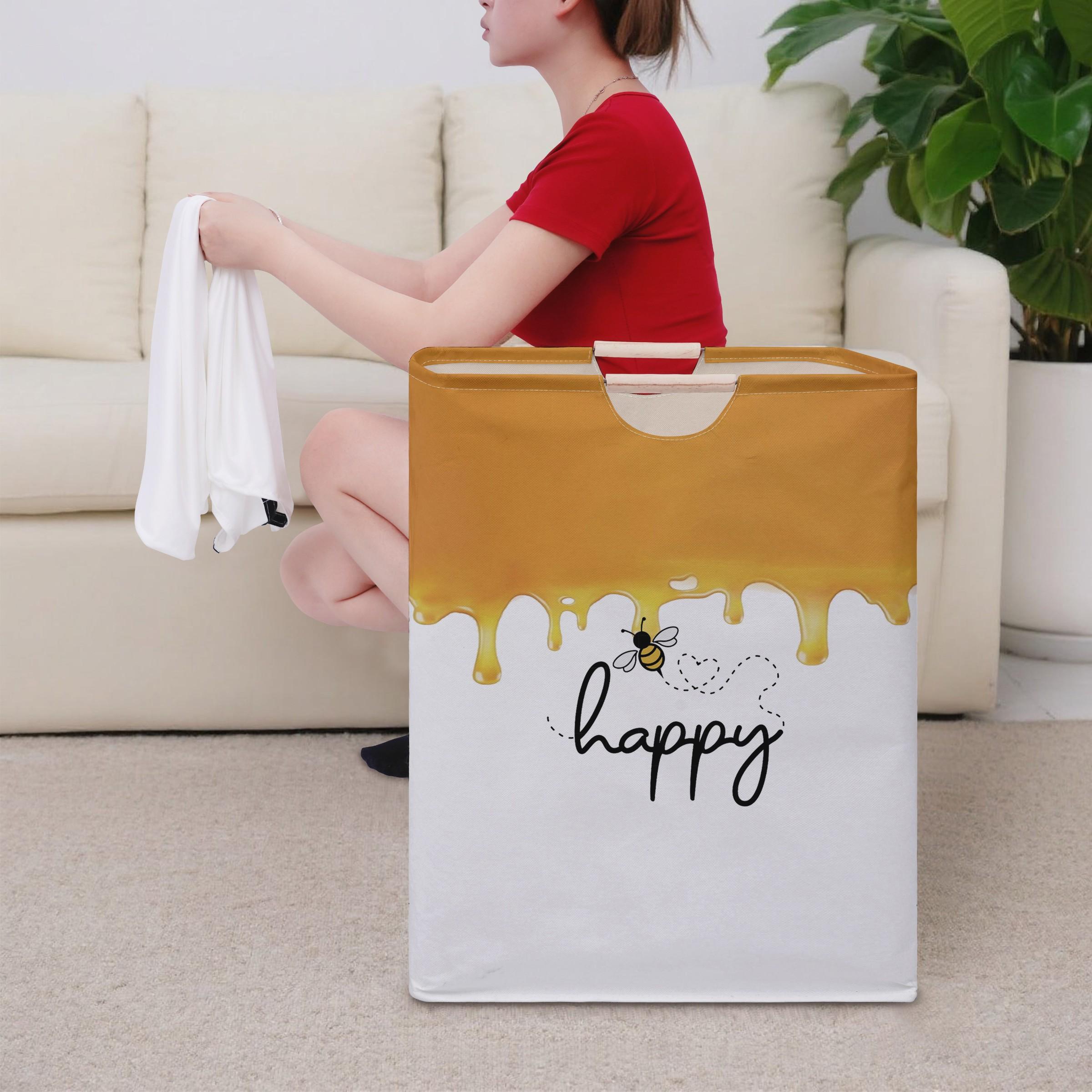 Honey Bee Text Pattern Open Storage Box, Foldable Laundry Basket with Handle, Home Bathroom Collapsible Clothes Organizer Bucket