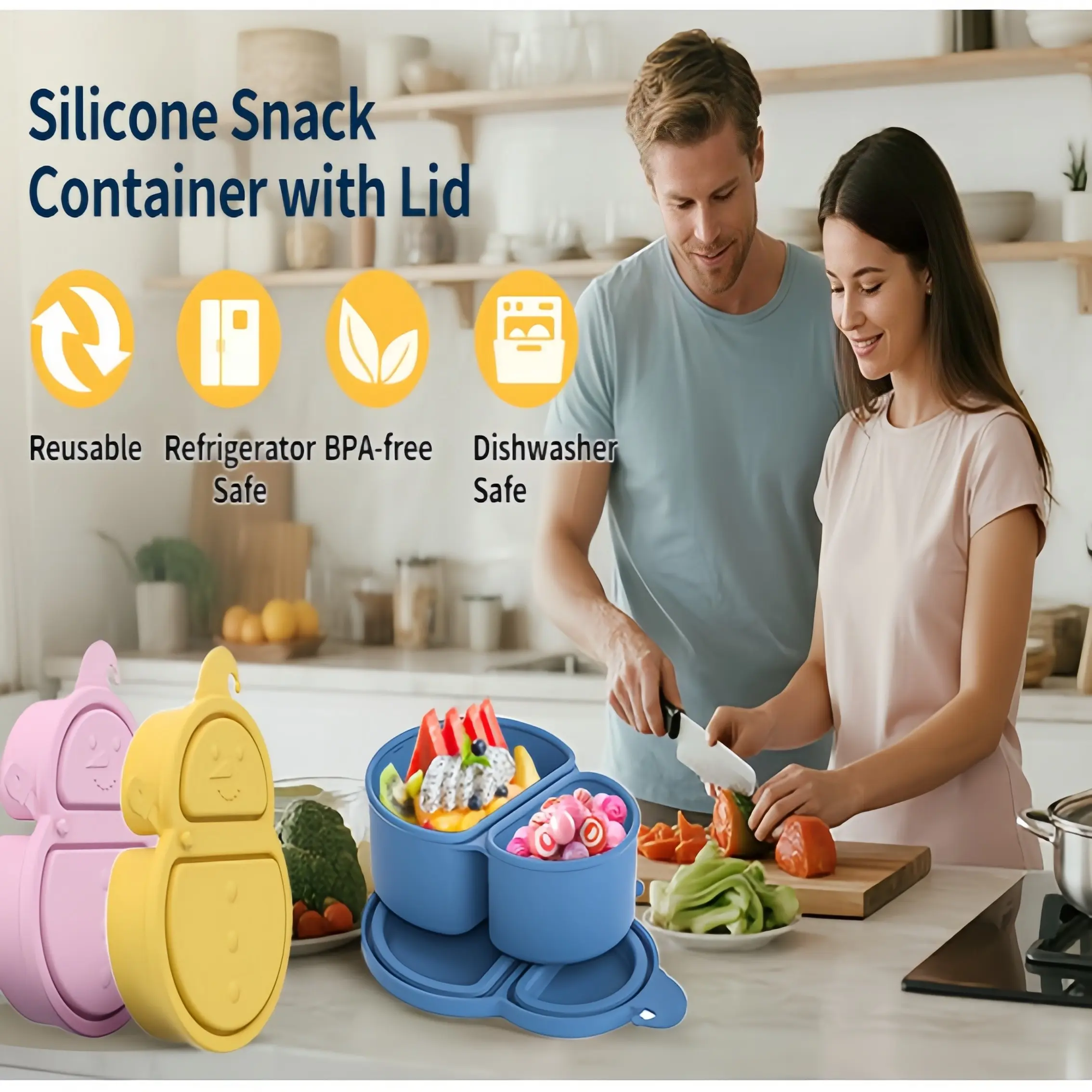 Snowman Silicone Snack Container with Lid, Reusable Dual Compartment Food Storage Bento Box, Leak-Proof Portable Lunchbox for Outdoor Picnics