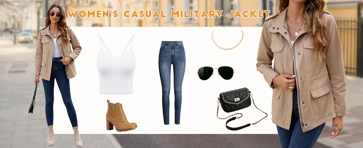Military style jacket detail showing snap button placket