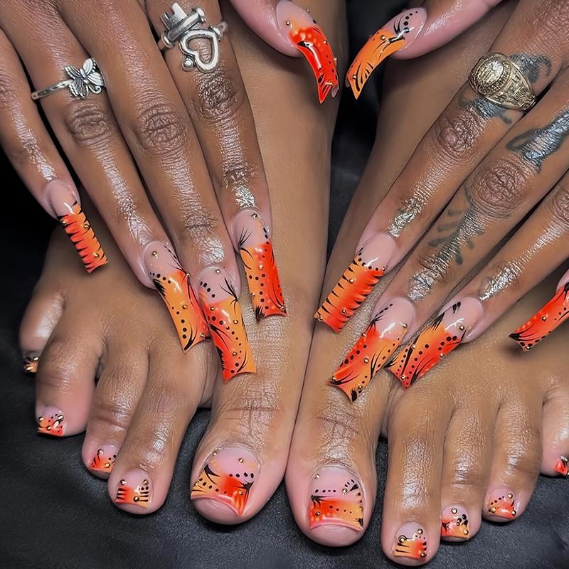 Orange Fake Nails Kit with Nail File & Tape, 48pcs/set Glossy Long Square False Finger and Toe Nails for Women & Girls