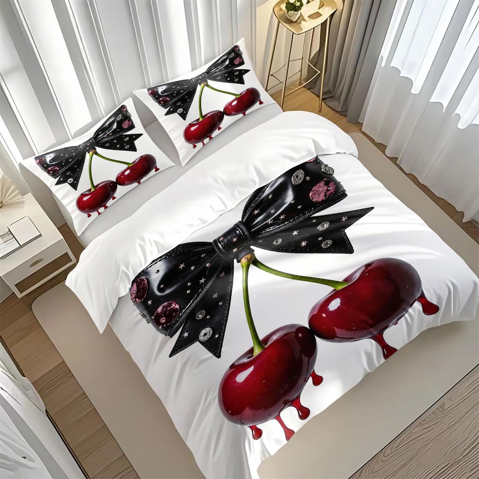 Gothic Cherry Bow Duvet Cover Set, 1 Duvet Cover + 1/2 Pillowcases, Dark Aesthetic Bedding, Cute Fashion Gifts for Goth Girls