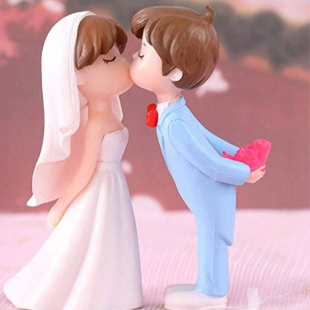 2pcs Cartoon Wedding Couple Statues, Plastic Miniature Landscape DIY Decor, Romantic Bride Decoration, Festive Display, Desktop & Window Shelf