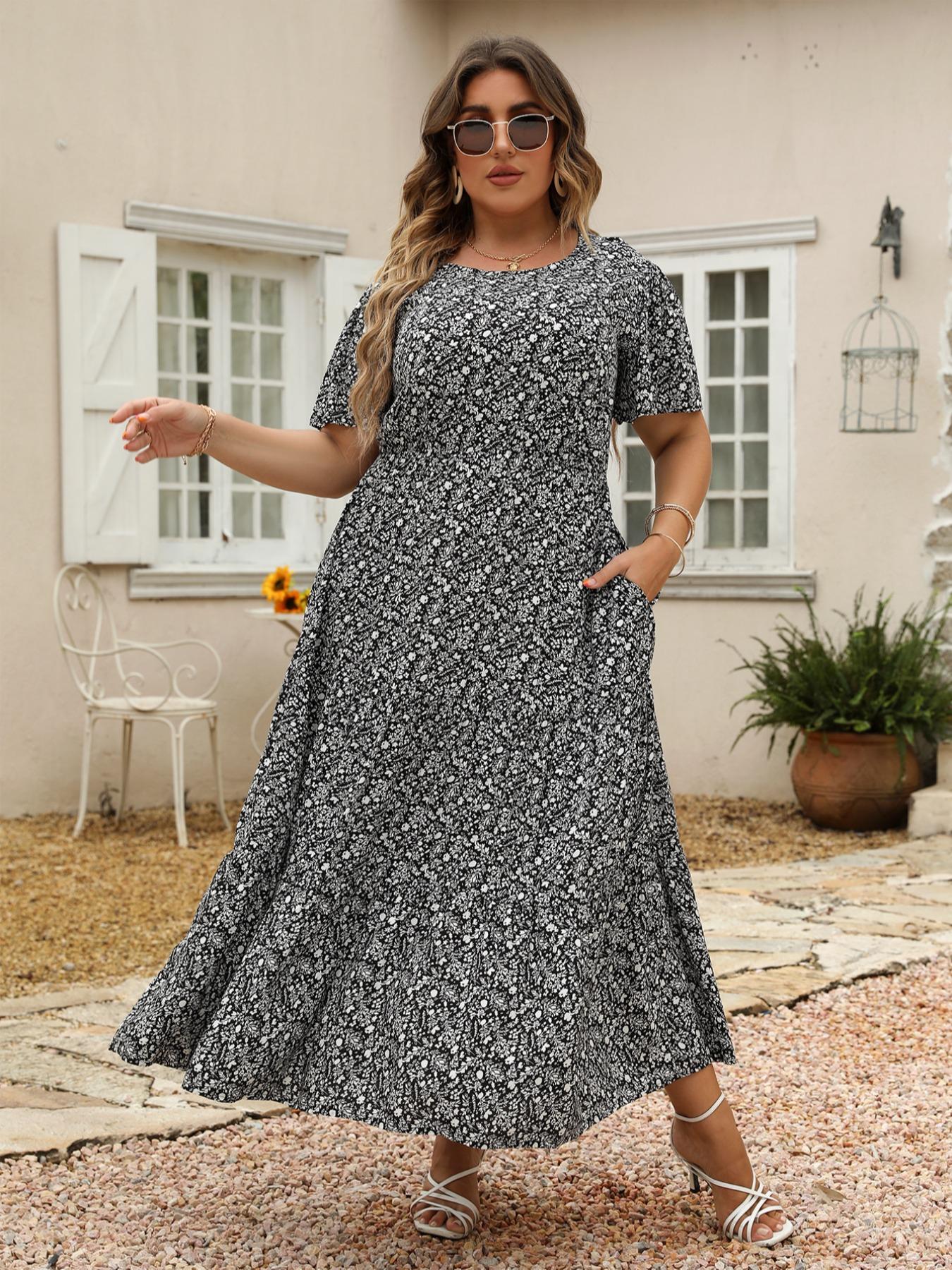 Women's Ditsy Floral Print A Line Dress, Boho Fashion Casual Plus Size Short Sleeve Dress for Daily Wear, Women Clothing, Womenswear, Summer Boho Clothes Women
