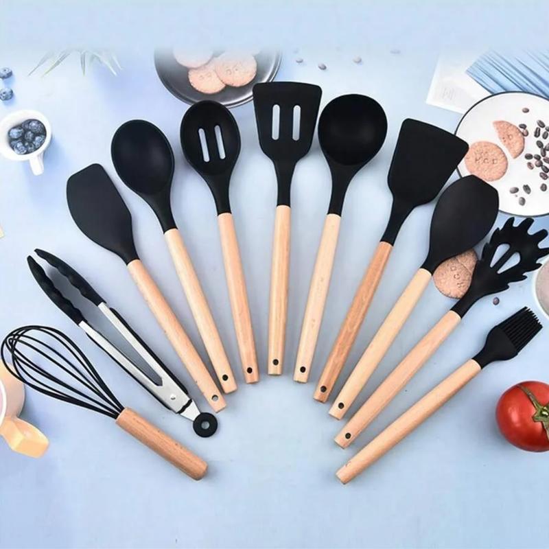 19 Piece Silicone Kitchen Utensils Set with Wooden Handle & Knives - Heat-Resistant, Non-Stick Cooking Tools & Storage Bucket - Perfect Kitchen Gadgets for Easy Cooking and Cleaning Cookware Barrel Stainless Steel kitchen