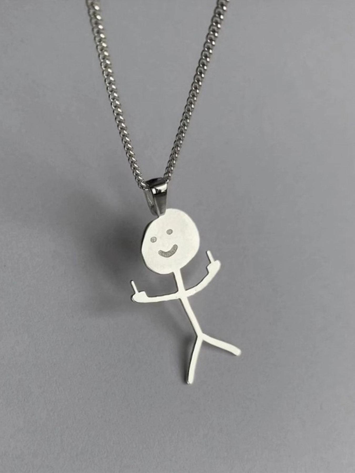 Funny Middle Finger Stick Figure Necklace, Fun and Unique, Unisex Accessory, or Silver Color, Trendy and Cool