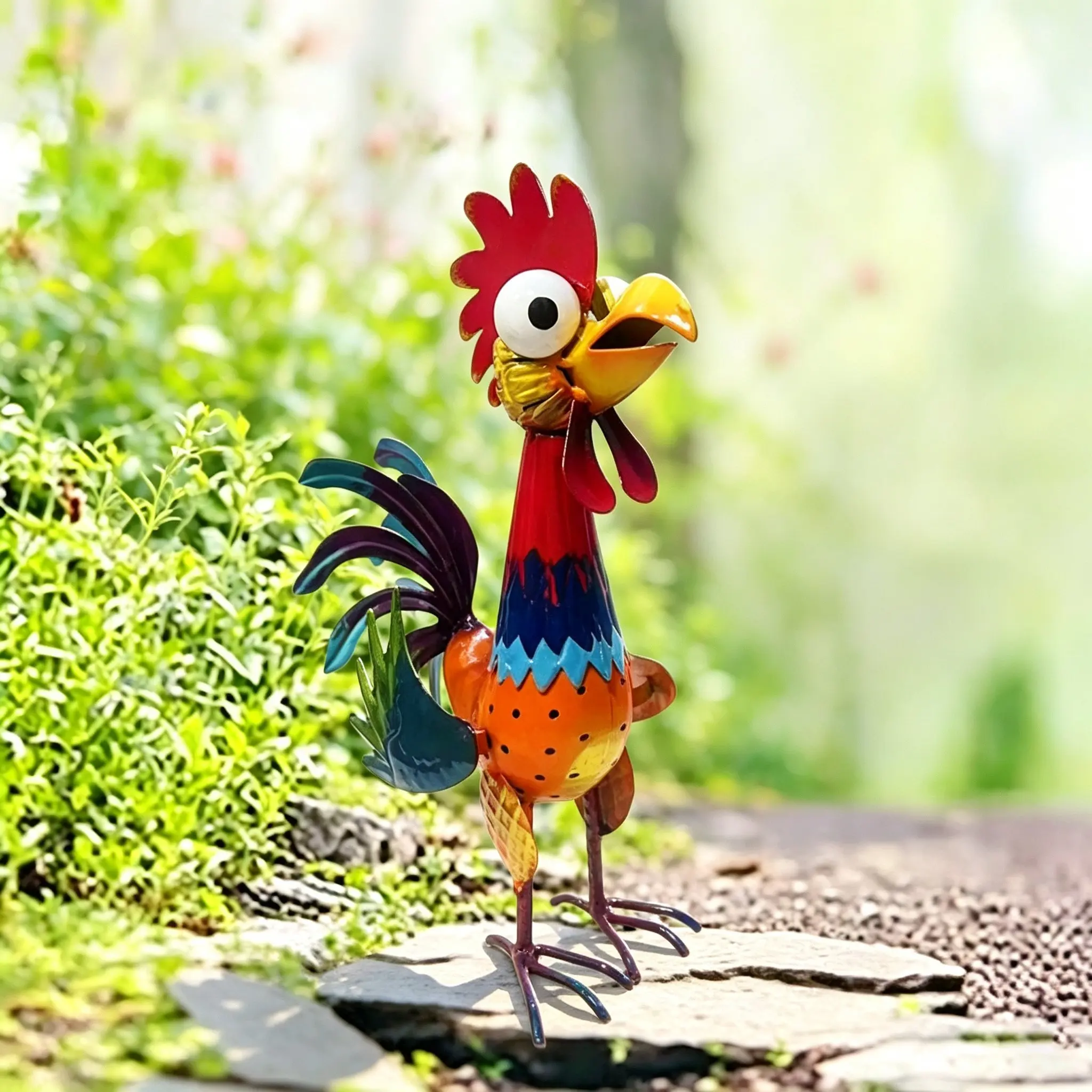 Metal Rooster Garden Statue, Funny Big-Eyed Iron Chicken Sculpture, Hand-Painted Weather-Resistant, Ideal Gift for Holidays