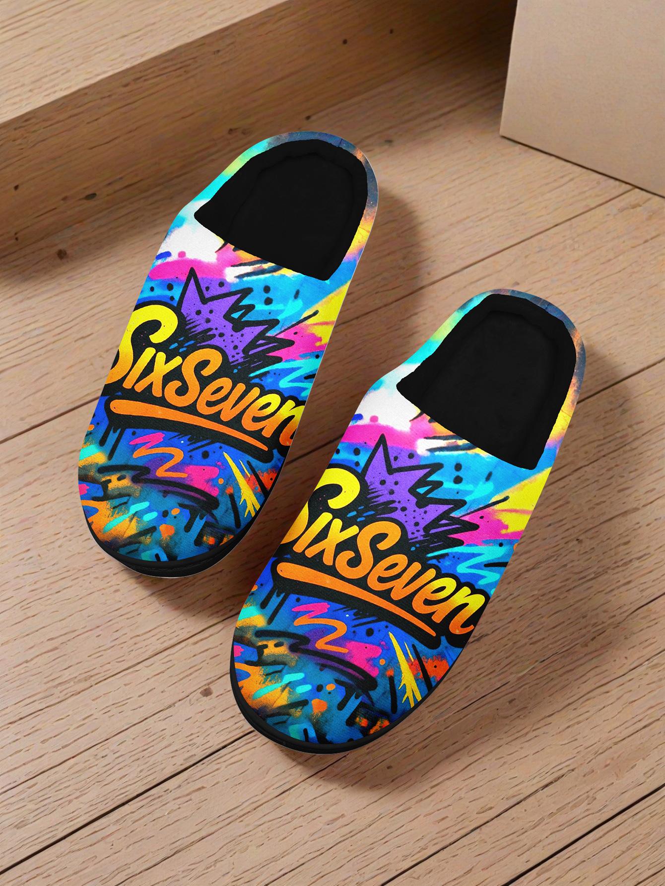 Men's Plus Size "SixSeven" Colorful Graffiti-Pattern Warm Indoor Slippers - Comfortable Cozy Home Footwear for Autumn & Winter