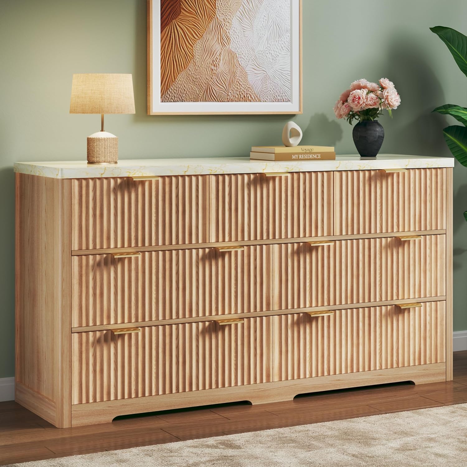 Fluted Dresser for Bedroom with 7 Drawers, 53'' Modern Dressers with Faux Marble Top, Mid Century Chests of Drawers with Gold Handle & Curved Profile, Natural Wood TV Dresser for Bedroom, Living Room