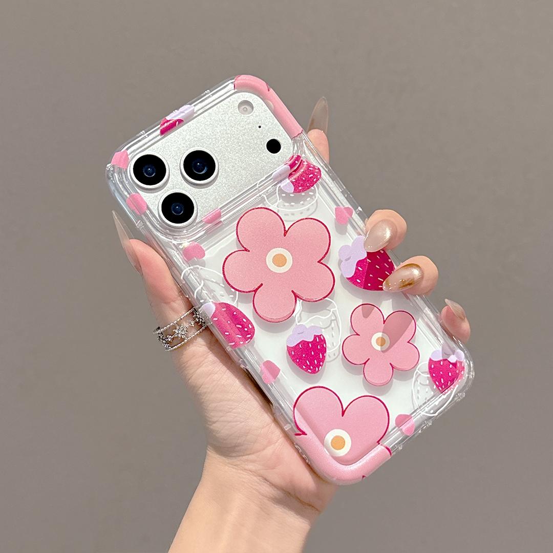 Fashion Strawberry Floral Design Transparent Air Cushion Anti-Drop Protective Phone Case, Compatible with iPhone 17/16/15/14/13 Series