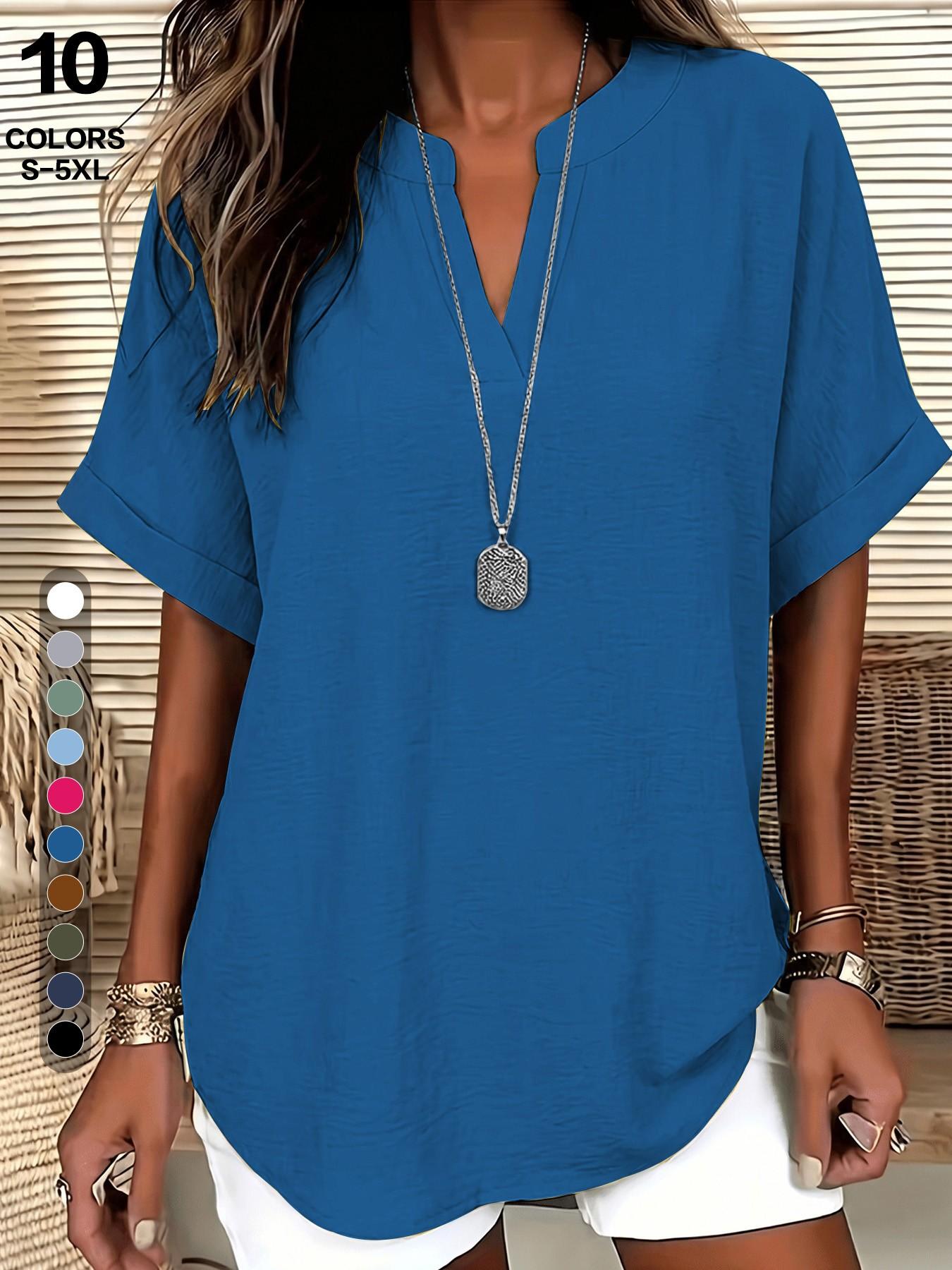 2026 European Style V Neck Short Sleeve Shirt, Casual Fitted T-Shirt, Summer Loose Fit, Hides Belly, Tall Look, Versatile Top