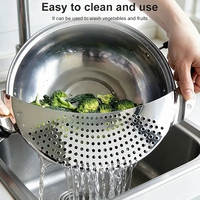 1pc Kitchen Stainless Steel Pot Strainer, Hand Held Pot Drainer, Fruit Washing Filter for Restaurant
