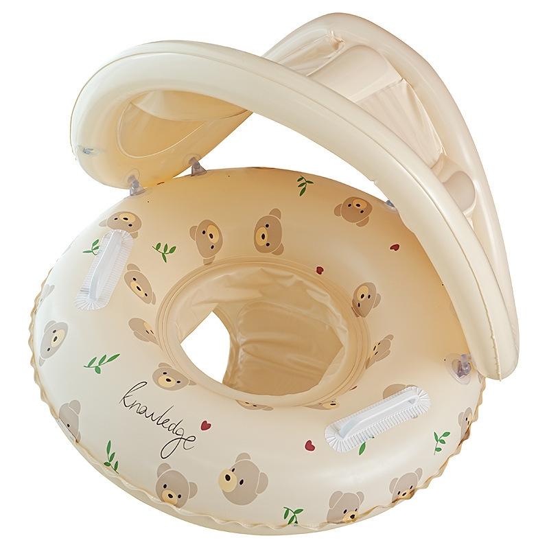 Bear & Rabbit Design Kids Swim Ring with Sun Canopy & Handles, INS Style Cute Inflatable Float, Sunshade Baby Swim Ring & Floating Mat, Perfect for Beach Trips & Pool Parties
