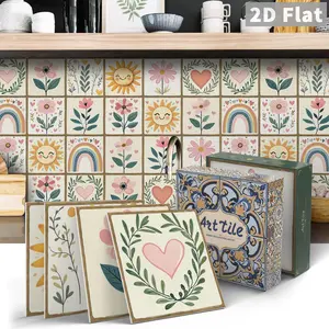 2-Pack 12/24pcs Flat Self-Stick Vinyl Art Stickers, Sunflower & Daisy Floral Design, Waterproof Oilproof Removable Tiles for Bathroom Kitchen
