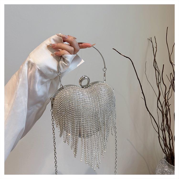 Heart-Shaped Evening Bag for Women, Tassel Sparkle Rhinestone Party Clutch, Elegant Prom Ballroom Handbag, Stylish Banquet Purse