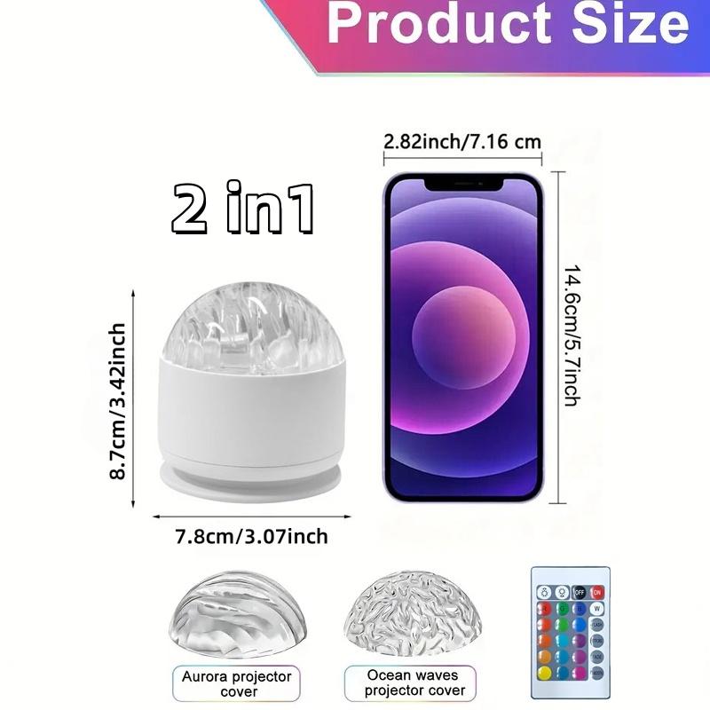 Aurora, Water Ripple and Sky Projector Light, 1/2 Counts USB Rechargeable 16-color LED Projector Lamp with Remote Control, Northern Lights Ambient Ceiling Light, Ceiling Projection Lamp for Room Decor