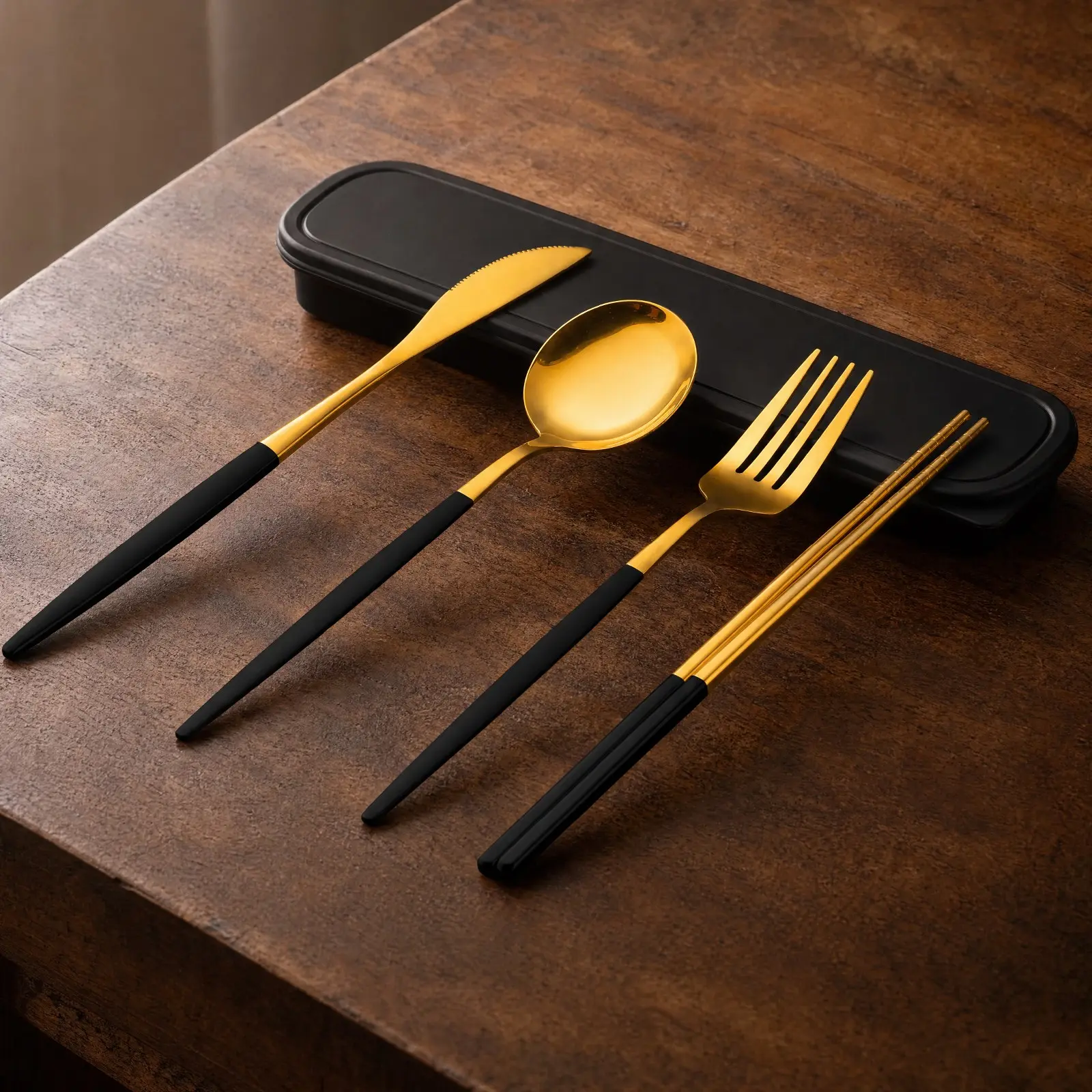 4pcs Stainless Steel Portable Cutlery Set, Includes Knife/spoon/fork/chopsticks, with Storage Box, Ideal for Family/home/travel/office Use, Cutlery Tableware Set