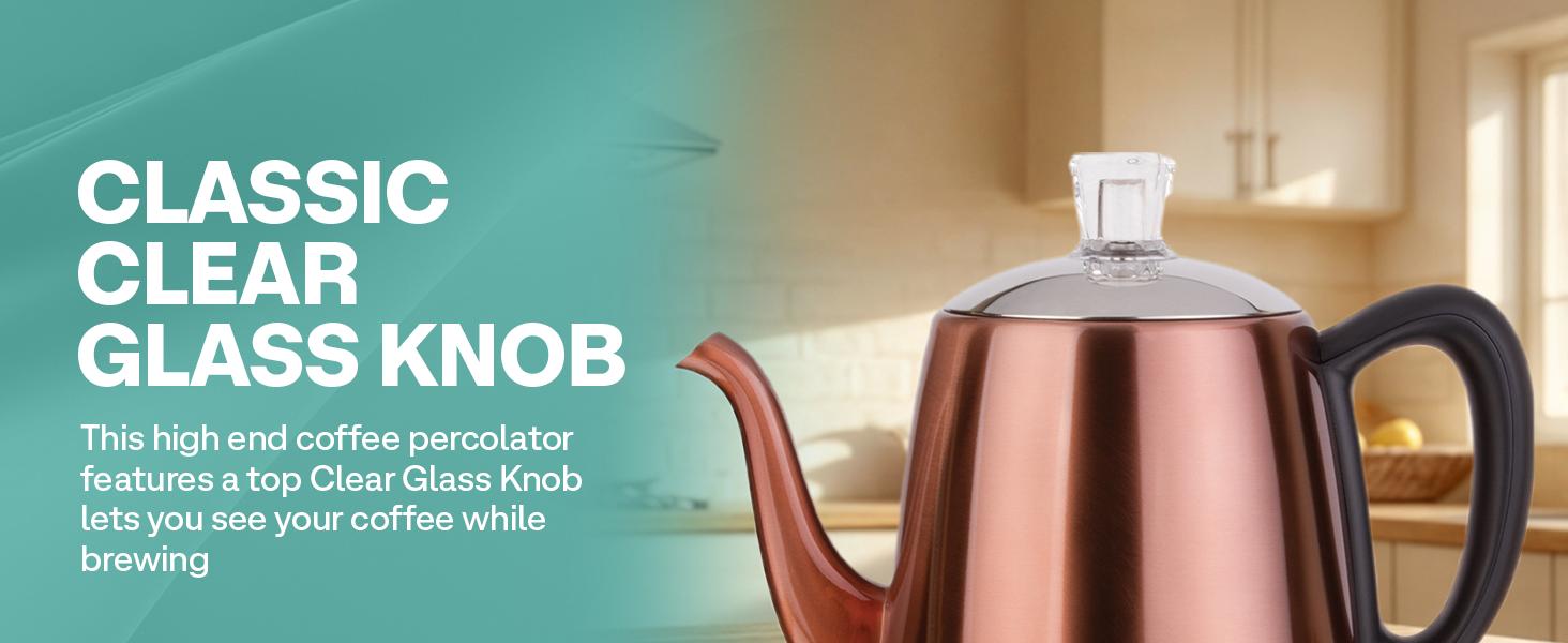 PER12 Stainless Coffee Percolator, 12 Cup, Polished Copper Finish, Gooseneck Spout, Clear Knob, Brewing Indication, Keep-Warm Function, Detachable Cord