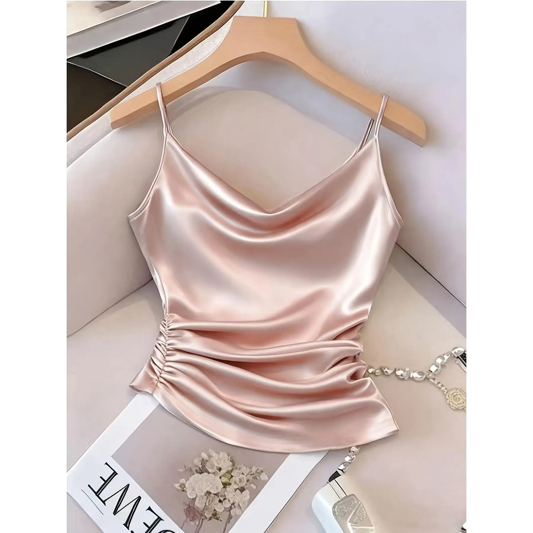 Women's Sleeveless Satin Camisole Top, Draper Neck, Irregular Hem, Side Gathers, Polyester Fabric, Elegant Design for Daily Commuting & Vacation (Development WY260120078), Dry Clean Safe