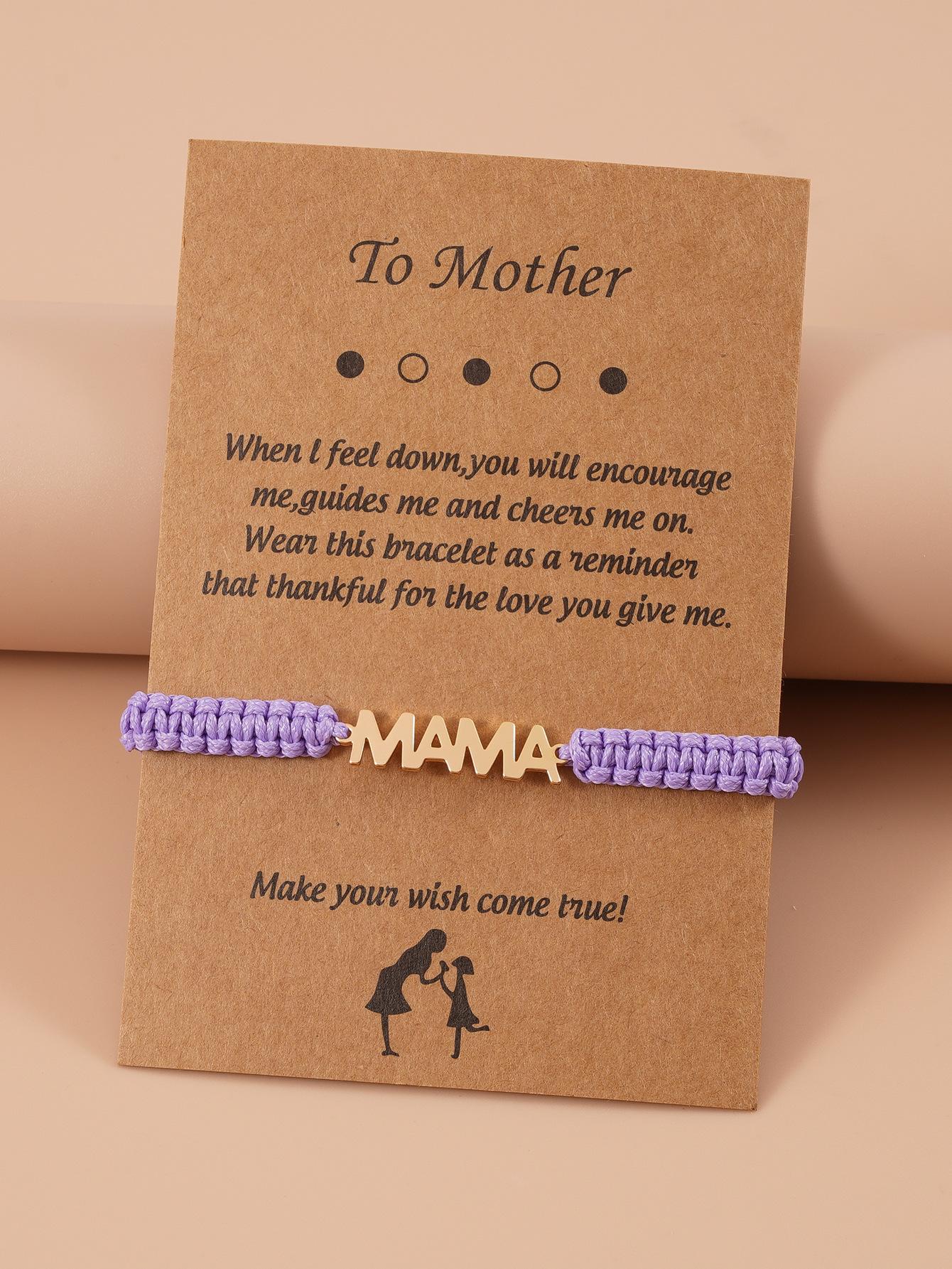 A handmade string bracelet with English letters for your mother. Comes with a card bearing a blessing.