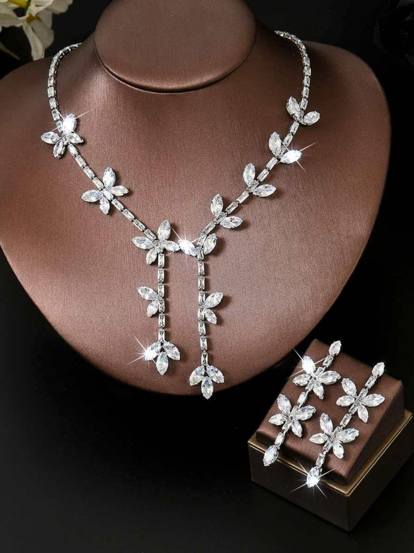 Butterfly Crystal Jewelry Set, Luxury Bling Necklace & Tassel Earrings, Elegant Bridal Wedding Party Gift, Stunning Accessory Collection