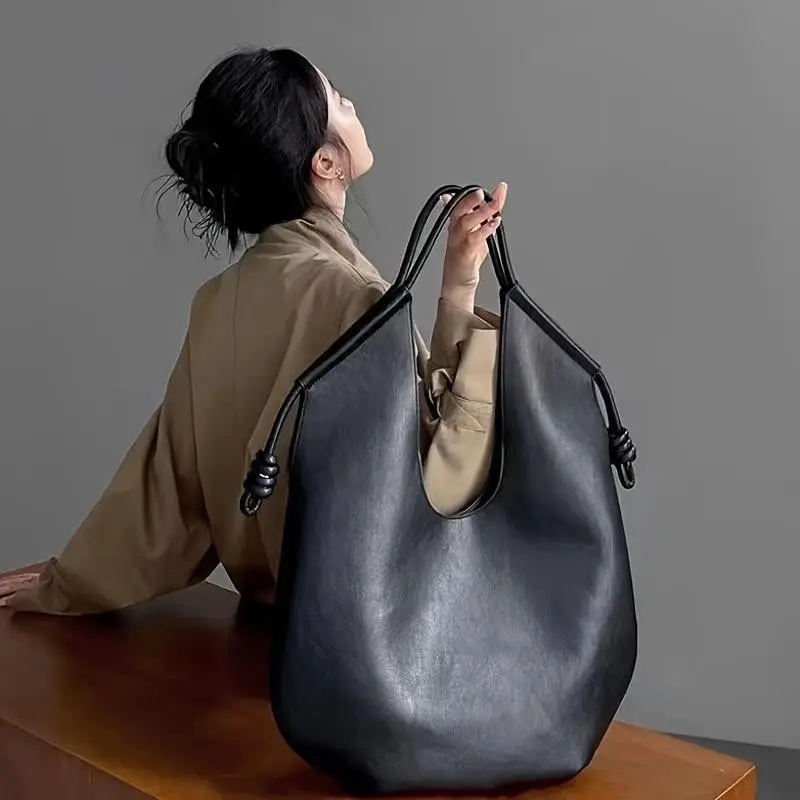 French Style Minimalist Leather Tote Bag - Casual Black Hobo Shoulder Bag, Fixed Strap, Edge Painted Detail, Unlined Large Capacity Shoulder Bags