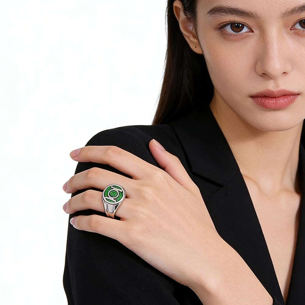 Unisex Silver-Coated Classic Green Lantern Symbol Round Ring - Green Enamel, Superhero Costume Jewelry for Role-Playing & Daily Wear, Circle Shape, Role-Play Ready