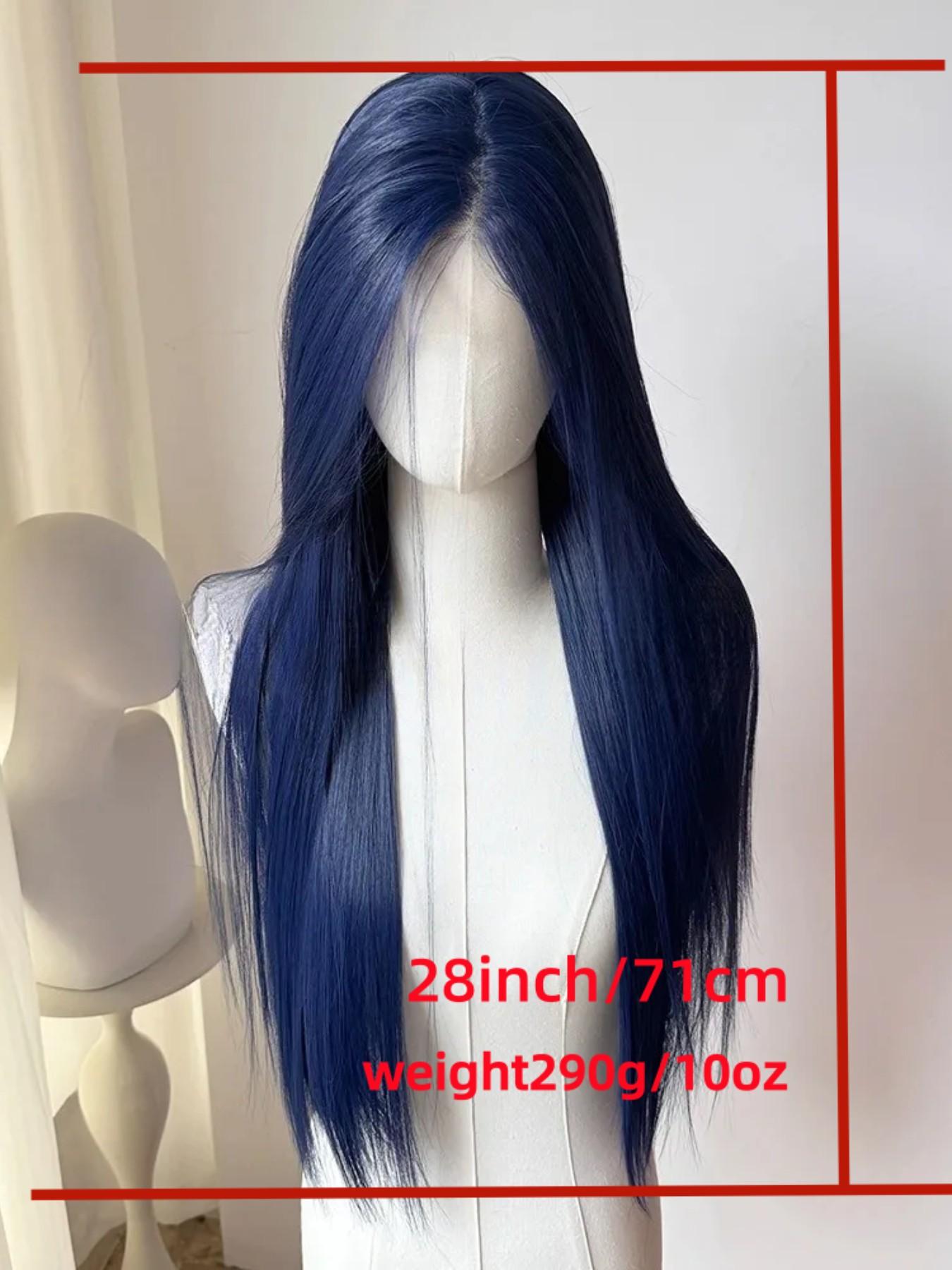 28-Inch Deep Blue Straight Wig for Women, Soft Lace Front, 180% Density, Pre-Plucked, No Glue, Heat Resistant, Daily Use
