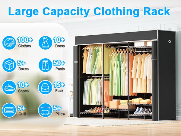 Ulif Heavy Duty Closet Organization System, Freestanding Clothes Rack, Adjustable, 63"W x 16"D x 77"H, 960 lbs Weight Capacity, with Dust Cover, Black