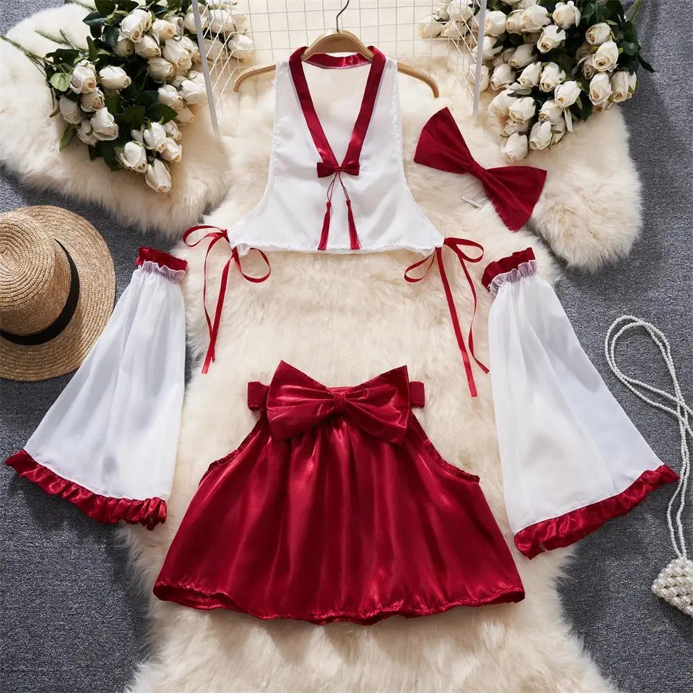 Preppy Sailor Suit Contrast Lace-up Bow Stripe Crop Top Pleat Mini Skirt Sexy Erotic Lingerie Set Women Cosplay Student Youthful