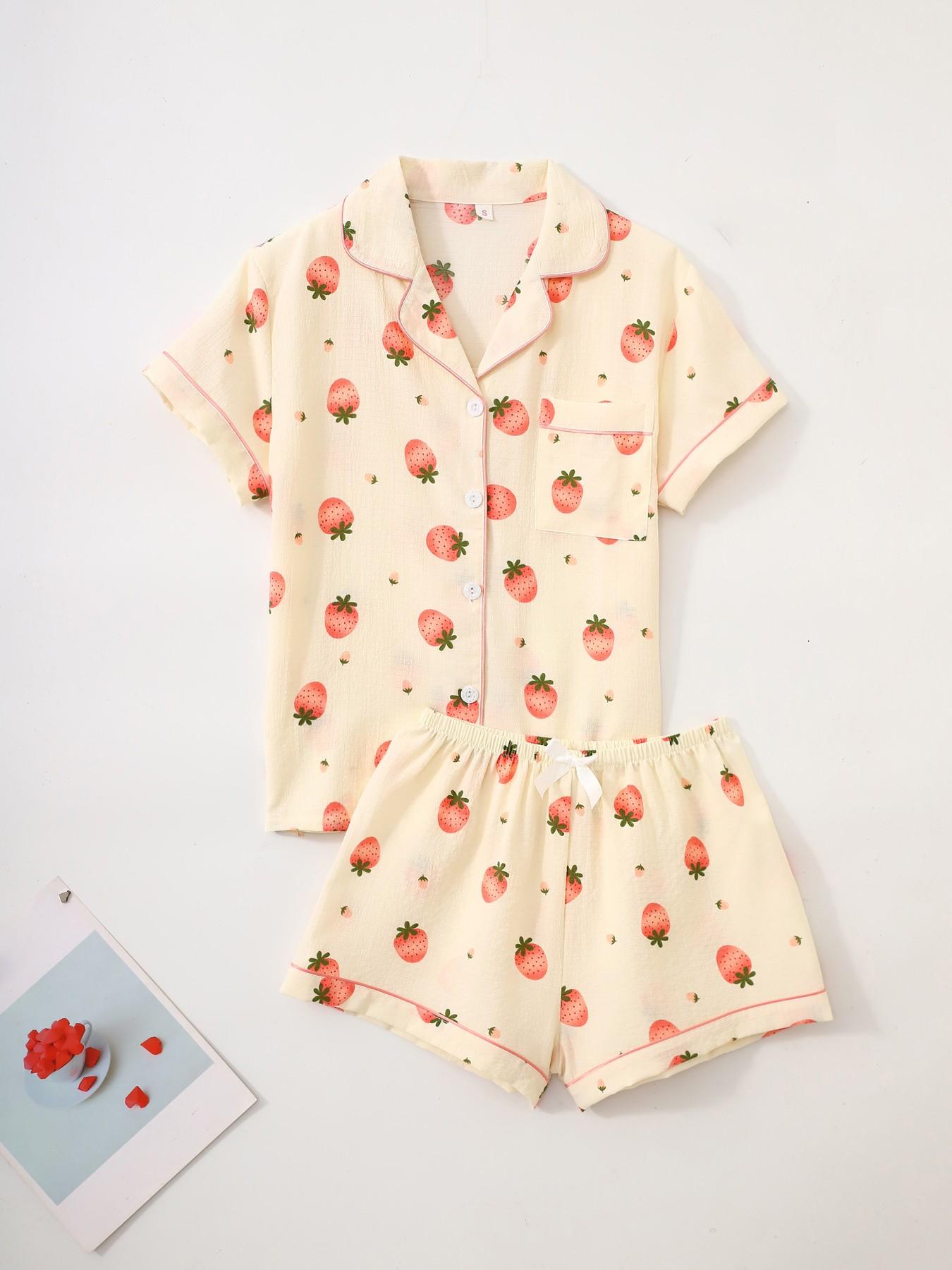 Women's Short Sleeve Button Down Top and Shorts Pajama Set, Spring Summer Wear, For Cute Sweet Girls, Cream Base Pink Strawberry Print, Classic Lapel Collar, Loose Vitality Fit, Comfortable For Home & Gatherings