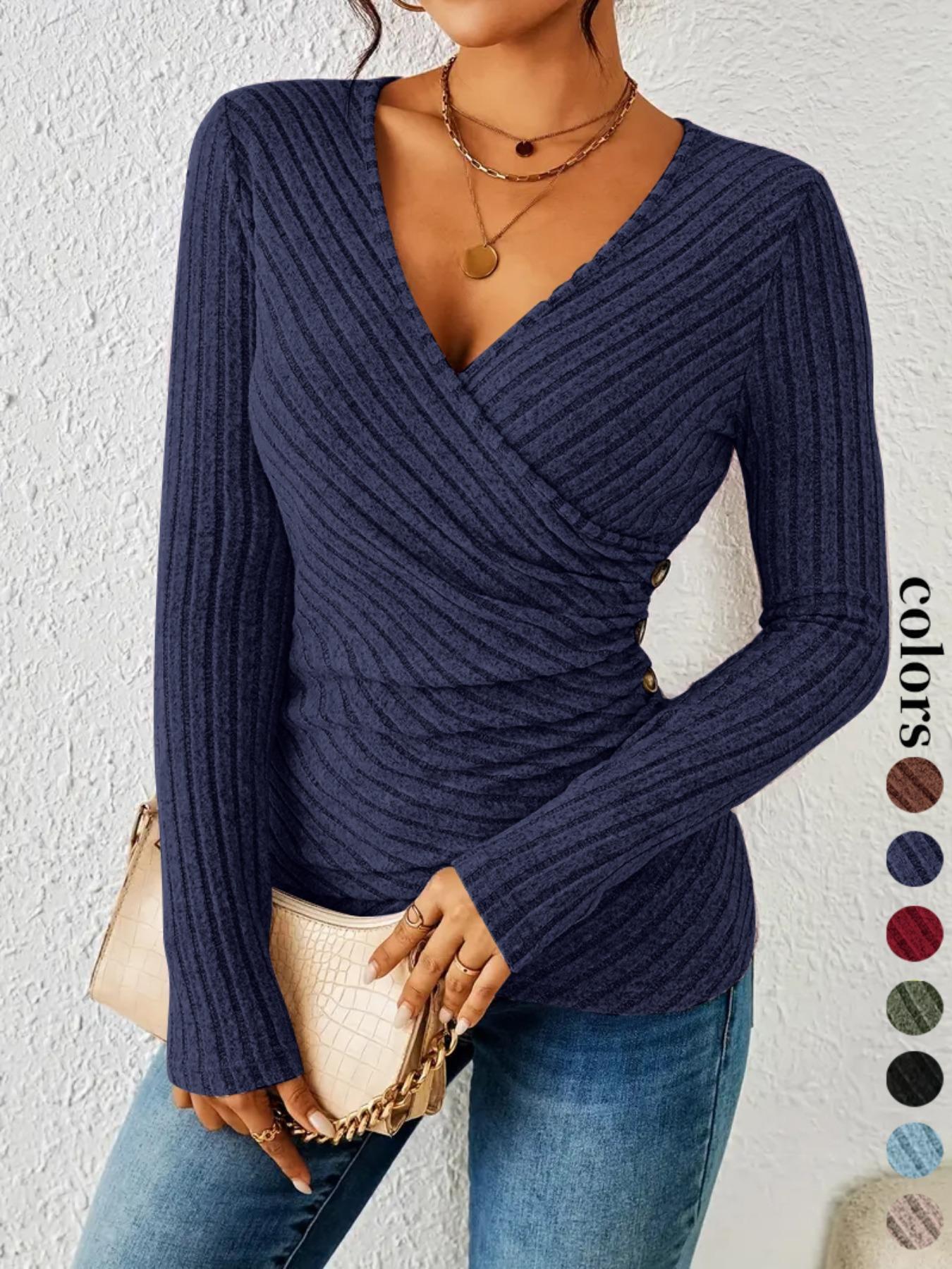 Women's New Style Solid Color Crinkle Cross Neck Long Sleeve Button Front Top, Casual Fashion Blouse for Daily Wear