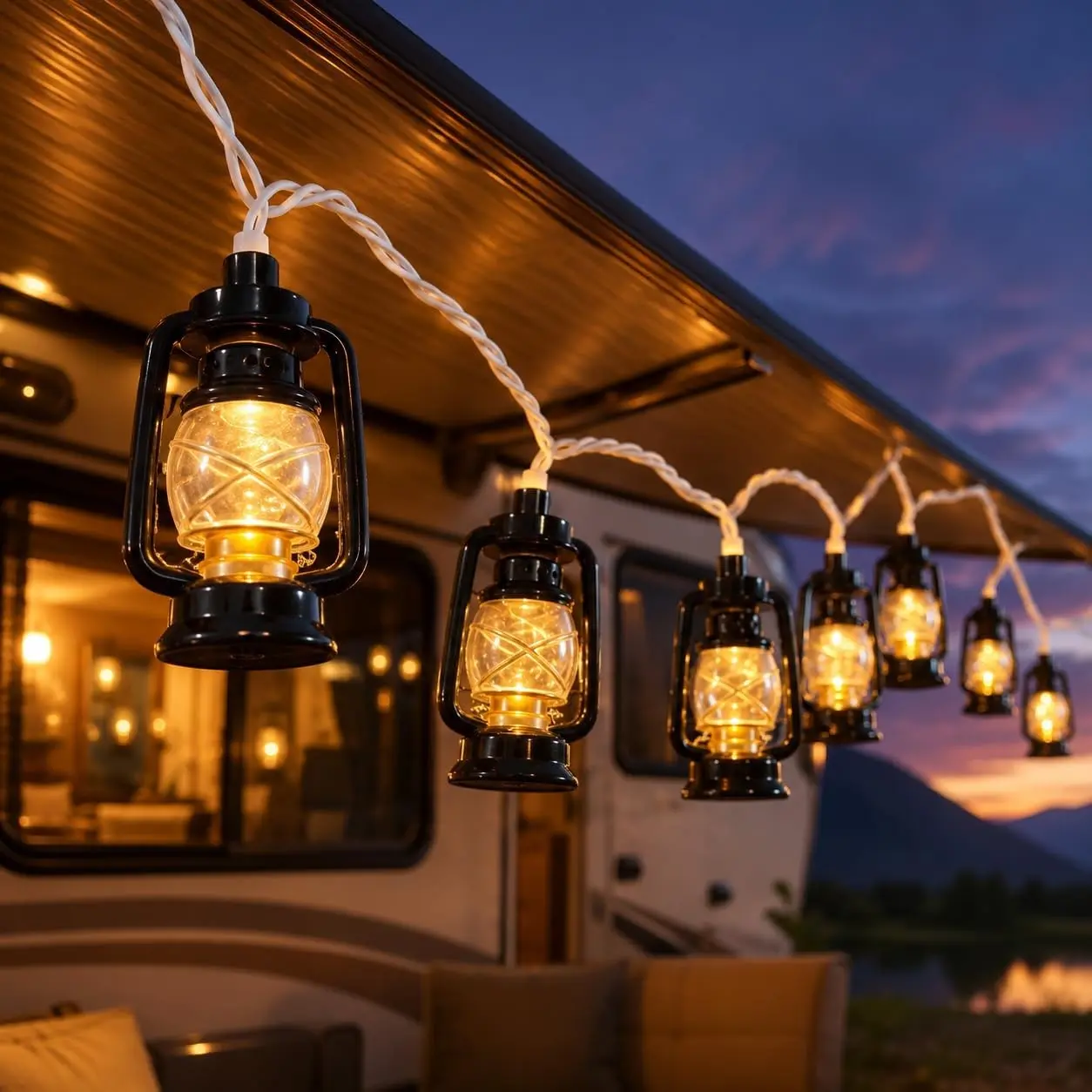 Kerosene Lantern String Lights, 8.5FT Vintage Camping Lights with 10 Black LED Oil Lamps, Waterproof Connectable Plug in Lantern Light for RV Awning, Patio, Tent, Bedroom and Holiday Decor, Warm White