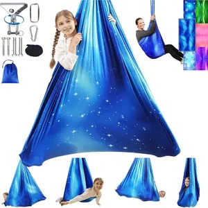Sensory Swing for Kids and Adults Indoor & Outdoor Double Layer Therapy Cuddle Holds up to 300lbs Adjustable Swing Hammock Chair with 360° Swivel Hanger Kit Effect for Aspergers Autism ADHD(Star Blue)