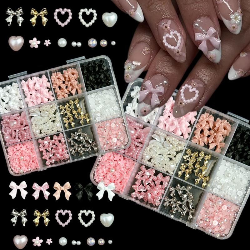 1 Box Pure Color Bow Resin Nail Charms Minimalist Half Round Pearl Alloy Bows Nail Art Decorations DIY Phone Case Nail Crafts