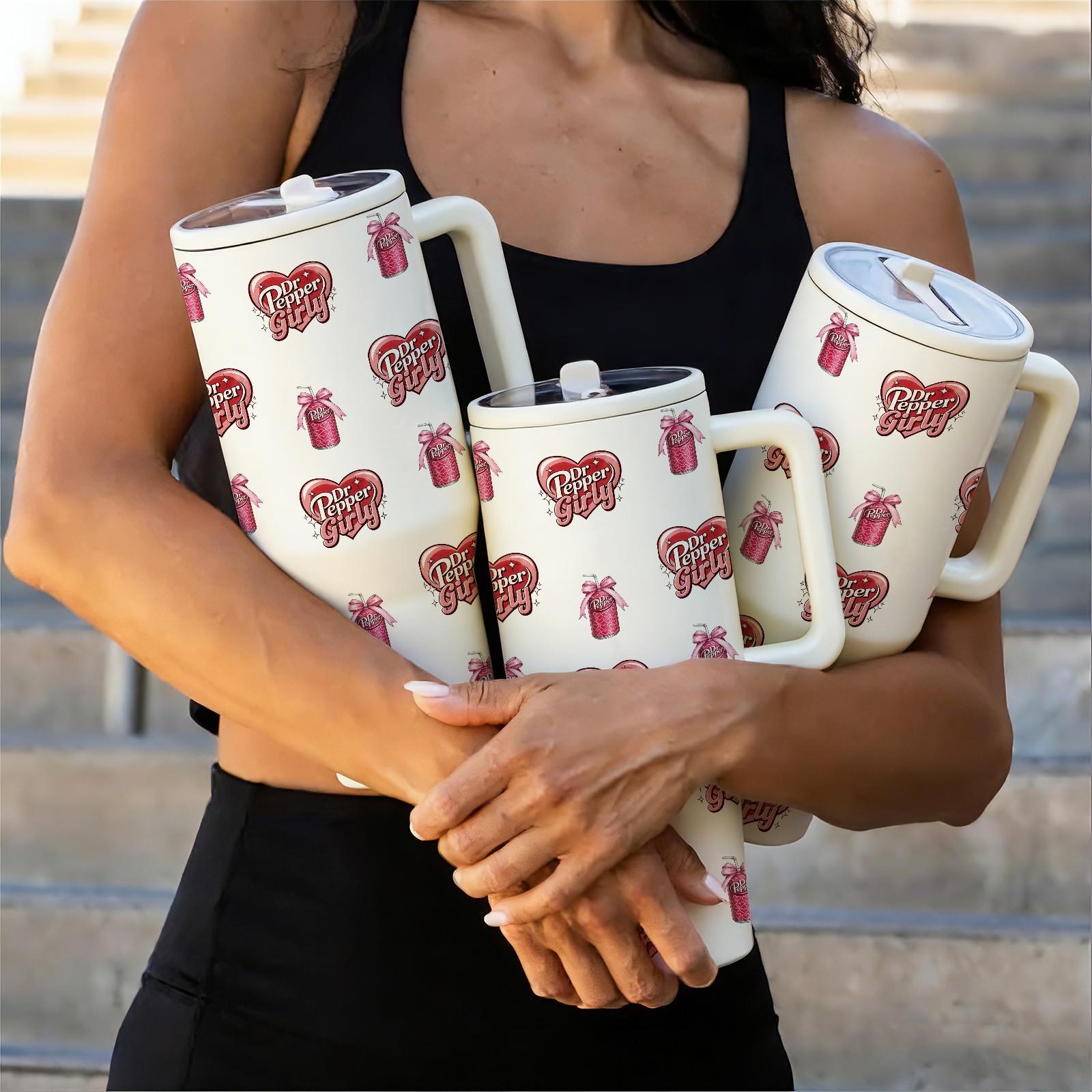 40oz Insulated Tumbler With Handle, Drinkware, Dr Pepper Girl All Over Print Thermal Mug, Soda Aesthetic Design, Double Wall Vacuum Cup For Hot Cold Drinks, Leak Resistant Lid, Birthday Valentine Mother’s Day Gift For Women Friend