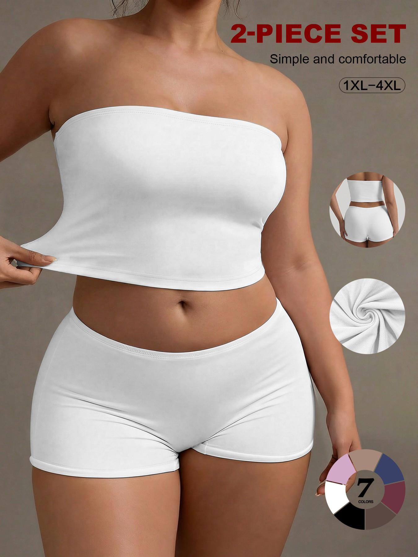 Plus Size 2 Piece Basic Tube Top and Shorts Set, Soft Stretch Strapless Lounge Set, Comfortable and Stylish, Perfect for Relaxing at Home, Womenswear