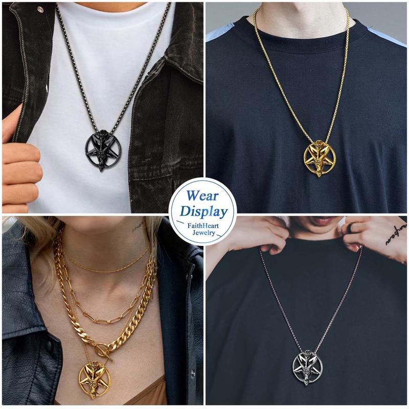 FaithHeart Baphomet Goat Pentagram Necklace for Men Women Stainless Steel