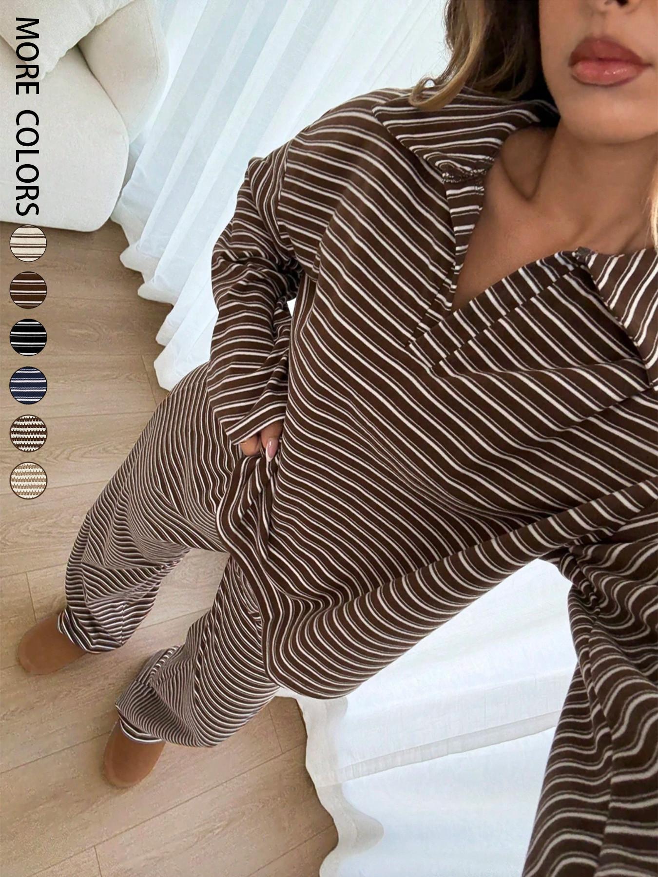 Women's 2pcs Set Loose Striped V-Neck Drop Shoulder Long Sleeve T-Shirt &Elastic Waist Striped Pants, Brown, Casual Sets For Women, Pajamas Set, Sleepwear Loungewear, Casual Sets For Women Brown Two Piece Set Women Women's 2pcs Set Loose Striped V-Neck Drop Shoulder Long Sleeve T-Shirt &Elastic Waist Striped Pants, Brown, Casual Sets For Women, Pajamas Set, Sleepwear Loungewear, Casual Sets For Women Brown Two Piece Set Women