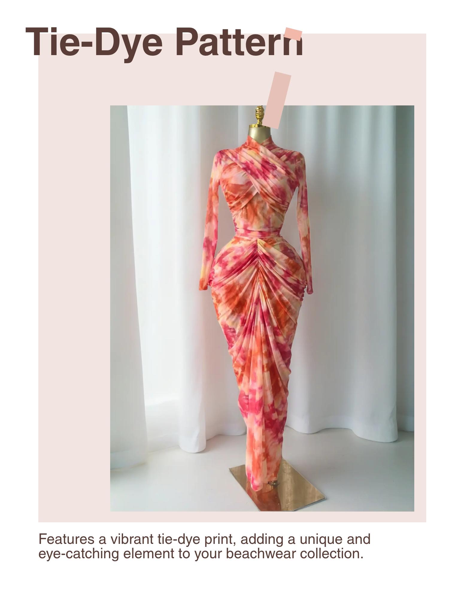PULKRITU Elegant Women's Tie Dye Printed Two Piece Set Outfits, Wrap Long Sleeve Crop Top + Ruched Maxi Skirt , Casual Beach Resort Birthday, Vacation Street Lady Two-Piece Set,Female Fashion 2 Piece Co-ord Set